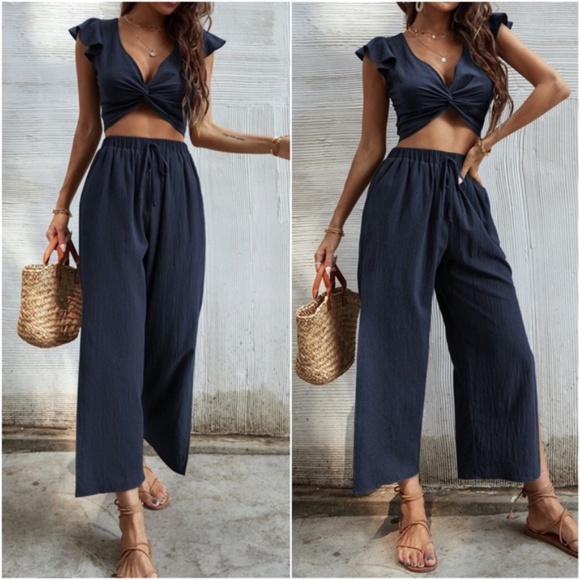 Bellanblue Pants - Boho Navy Butterfly Sleeve Crop Top Wide Leg Pants Set
